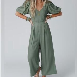 Aaron & Amber Linen Puff Sleeve Jumpsuit Womens L Green Flowy Boho Cruise Resort
